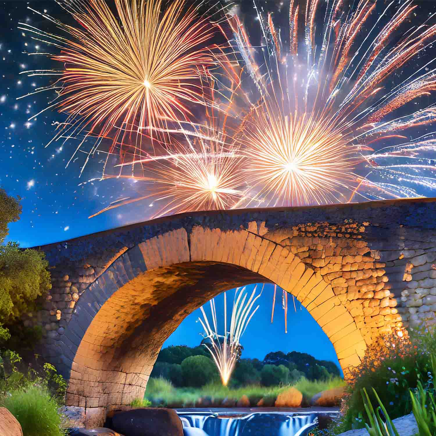 Artist concept of stone arch bridge with fireworks display in background.
